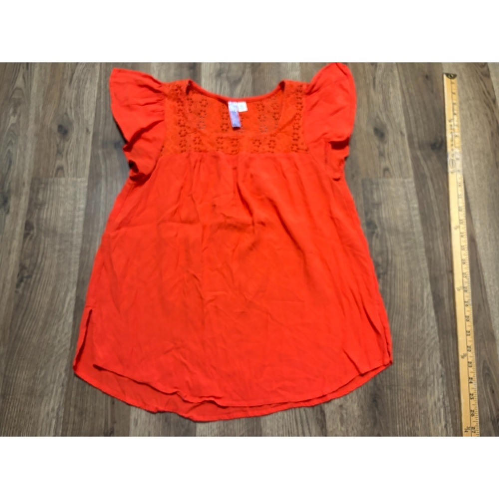 Alya Tank Top Women's Size Medium, Orange, Eyelet, Flutter Short Sleeve